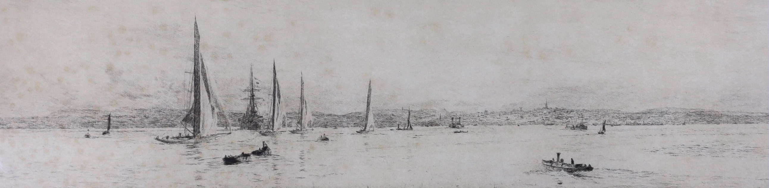 William Lionel Wyllie (1851-1931), drypoint etching, 'Yachts on the Solent', signed in pencil, 9 x 33cm